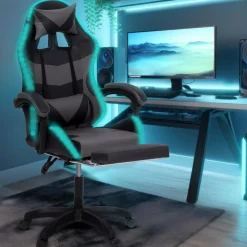 Fauteuil gaming LED noir et gris avec repose-pied, coussin tête + lombaire