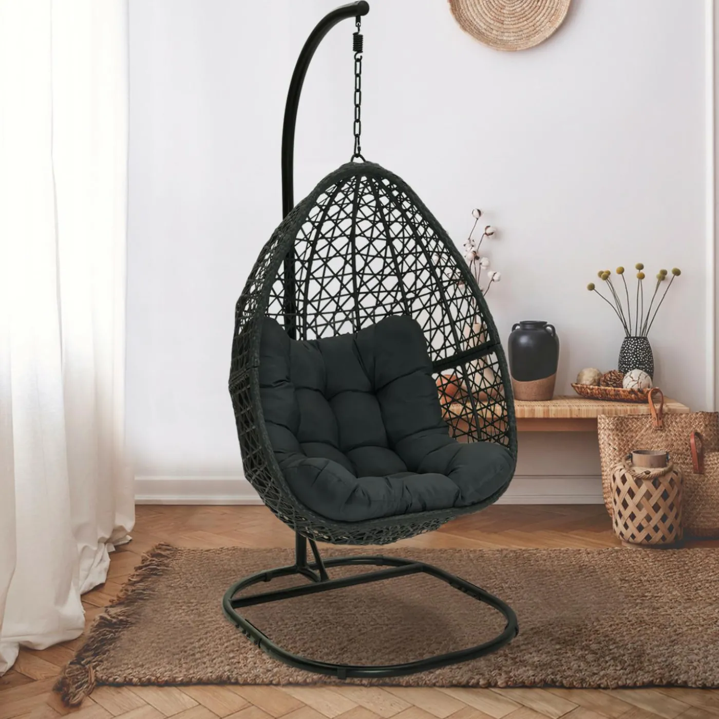 Fauteuil lune suspendu avec coussins gris