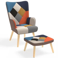 Fauteuil scandinave multicolore imprimé pied de poule avec repose pieds