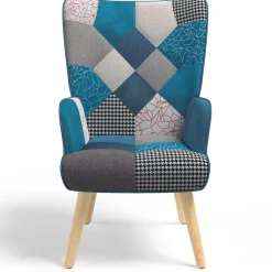 Fauteuil scandinave velours bleu et patchwork avec repose pied