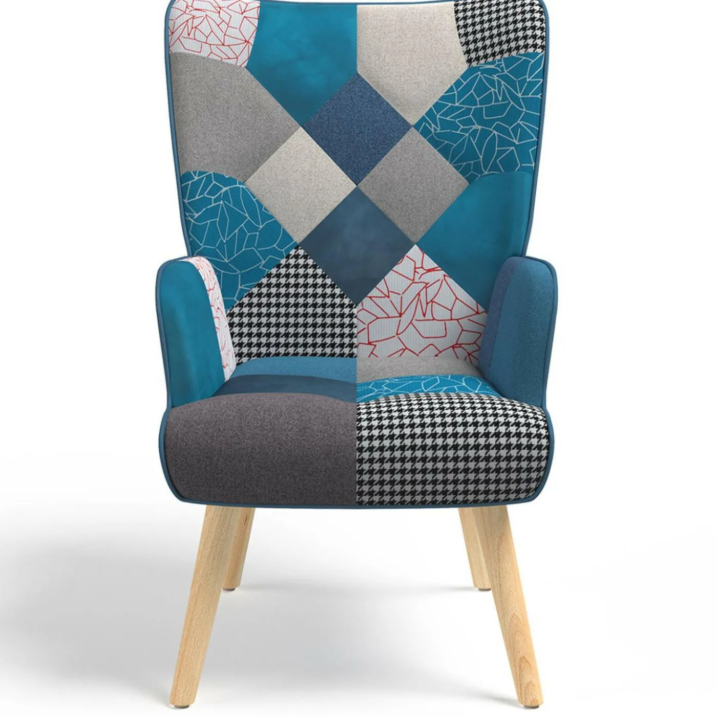 Fauteuil scandinave velours bleu et patchwork avec repose pied