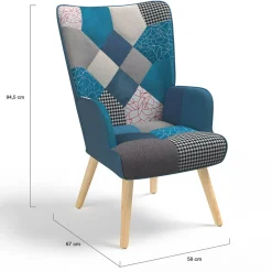 Fauteuil scandinave velours bleu et patchwork avec repose pied