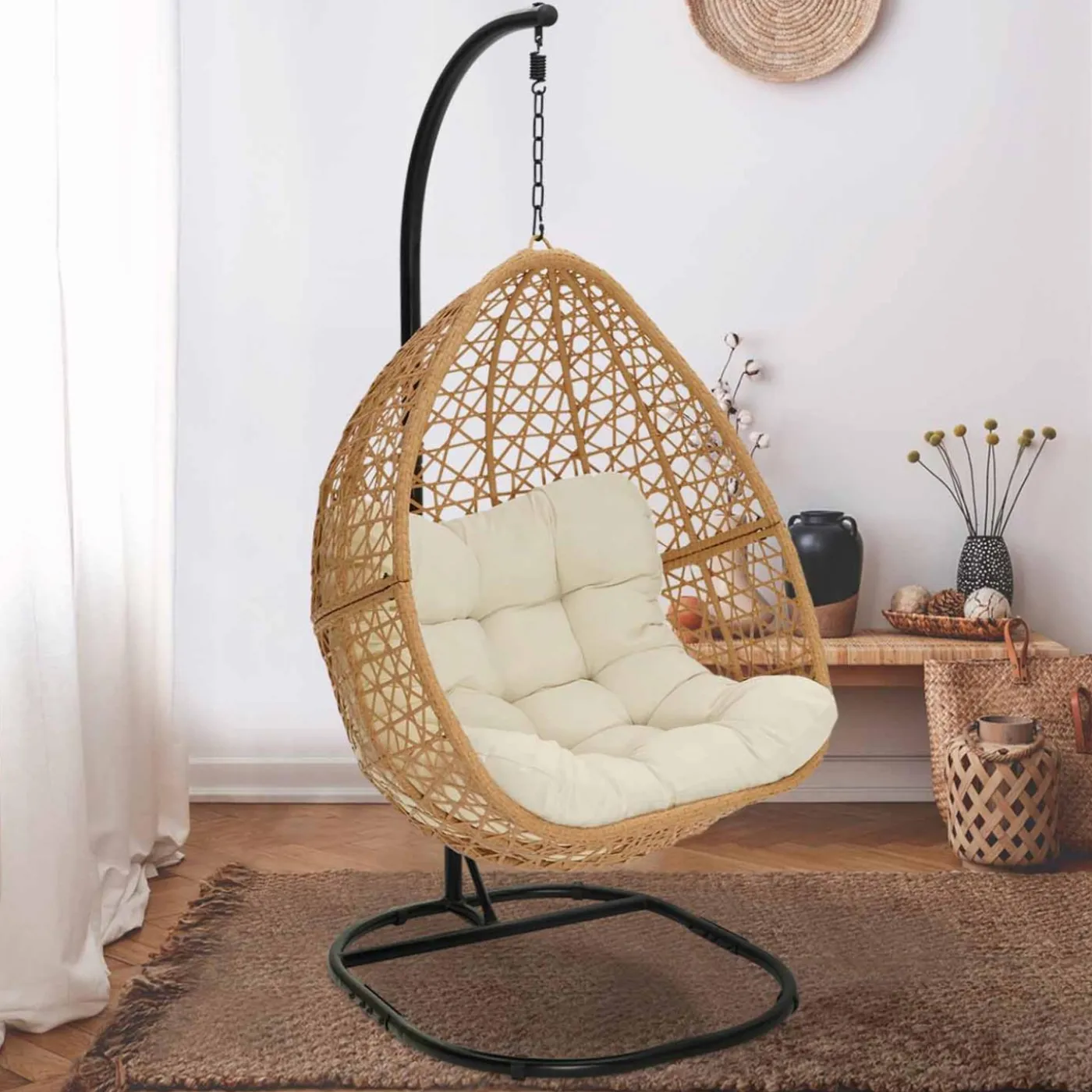 Fauteuil suspendu effet rotin avec coussin écru