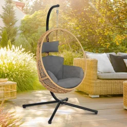 Fauteuil œuf suspendu effet rotin avec coussins gris