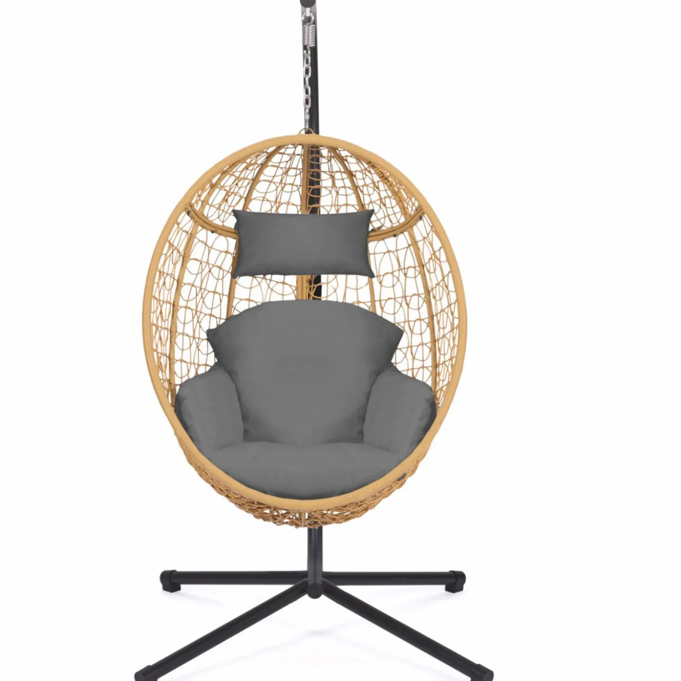Fauteuil œuf suspendu effet rotin avec coussins gris