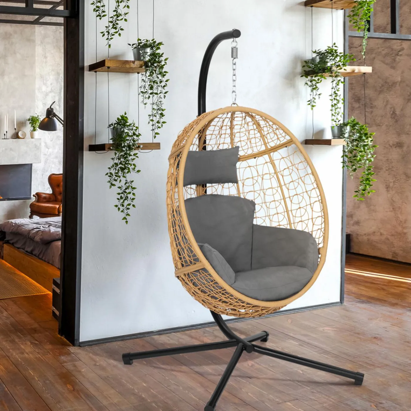 Fauteuil œuf suspendu effet rotin avec coussins gris