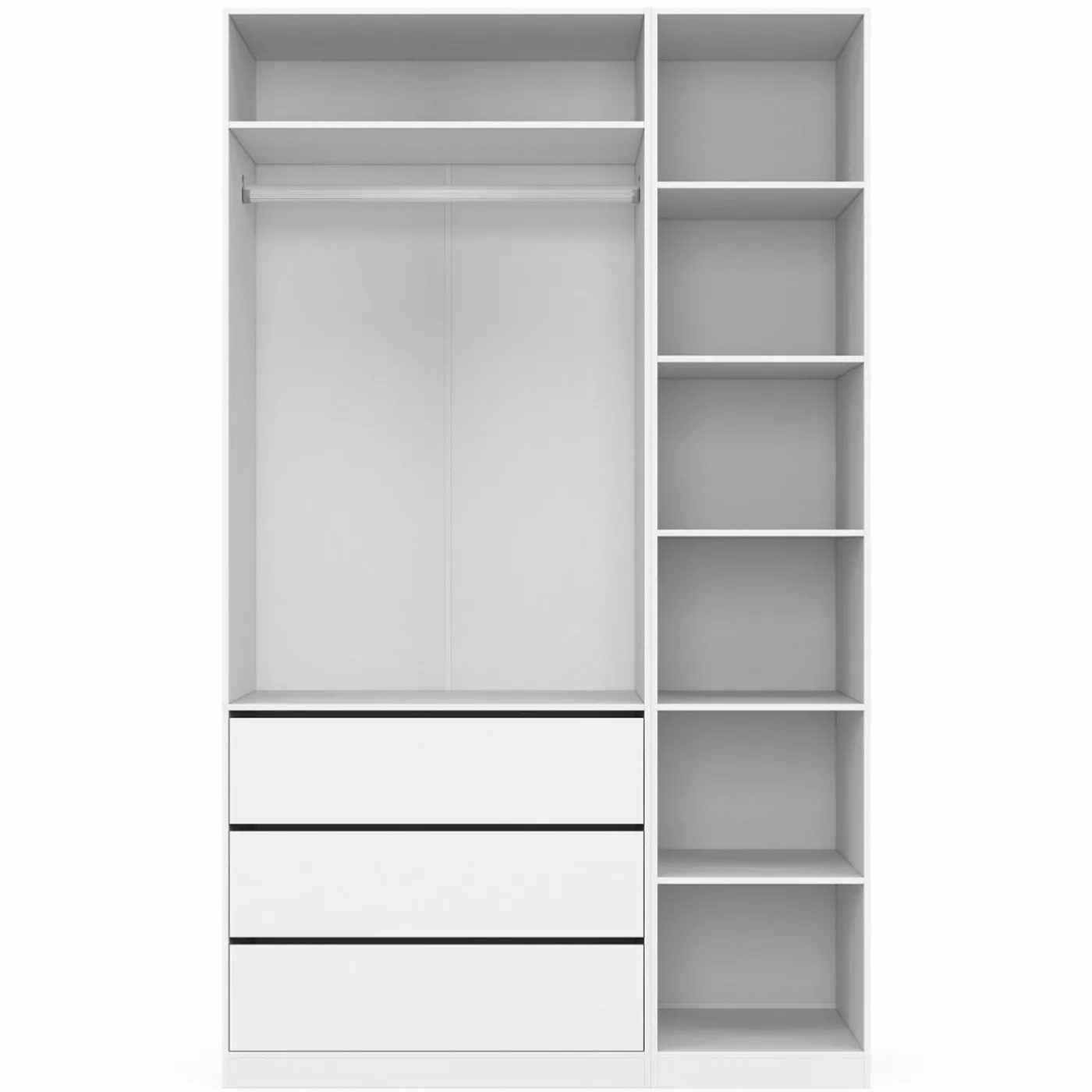 Grand dressing modulable blanc 200 cm avec 1 penderie, 7 étagères et 3 tiroirs