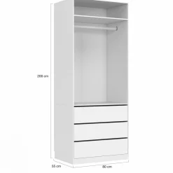 Grand dressing modulable blanc 200 cm avec 1 penderie, 7 étagères et 3 tiroirs