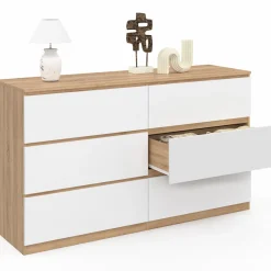 Grande commode 6 tiroirs façon hêtre et blanc