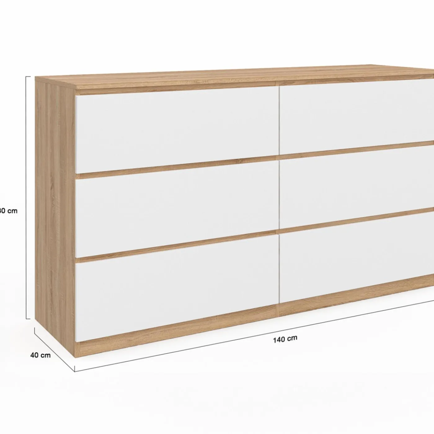 Grande commode 6 tiroirs façon hêtre et blanc