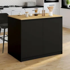 Ilot central 110 cm avec tablette relevable rectangulaire bois noir et façon hêtre