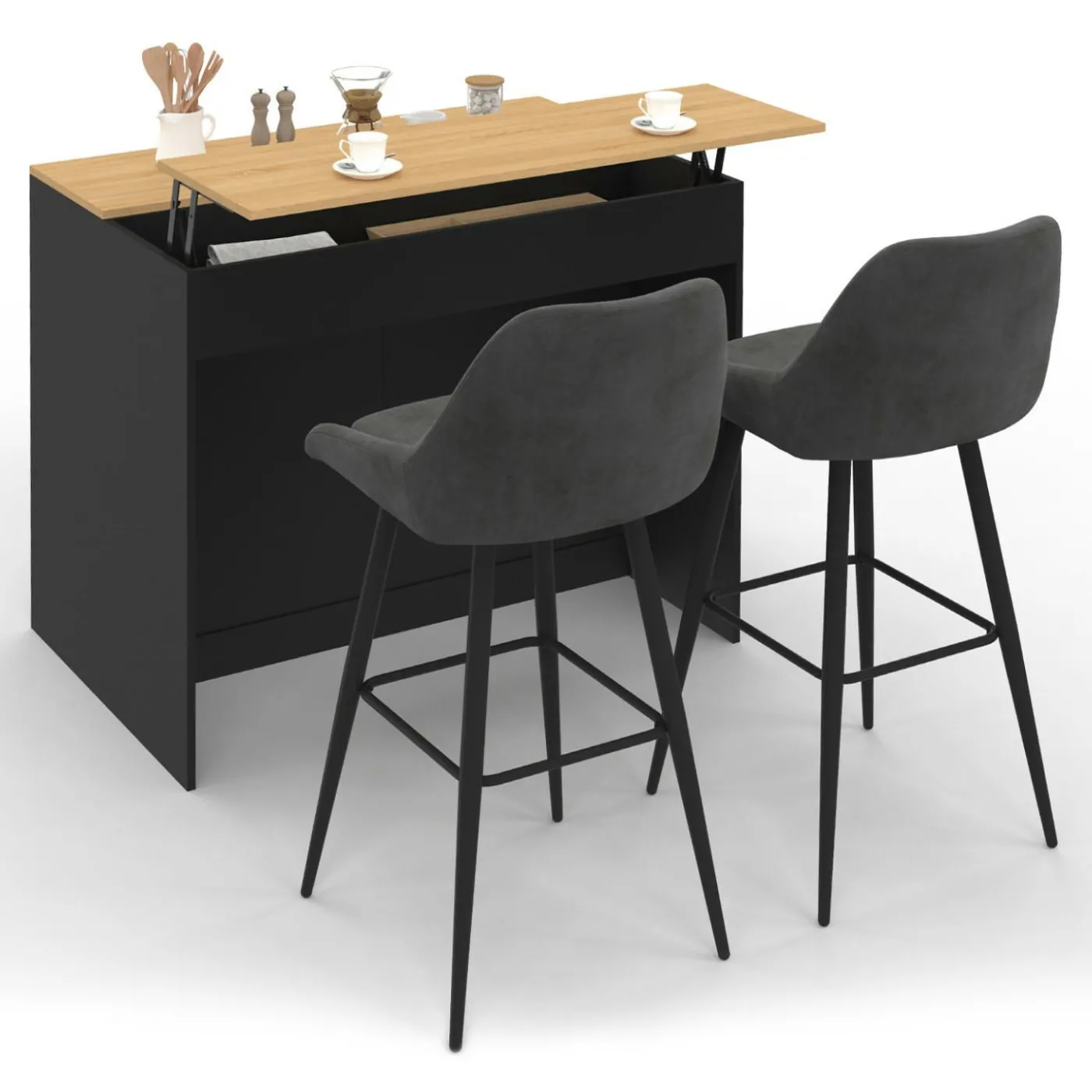 Ilot central 110 cm avec tablette relevable rectangulaire bois noir et façon hêtre