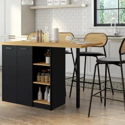Ilot central 140 cm bois noir avec plan de travail façon hêtre