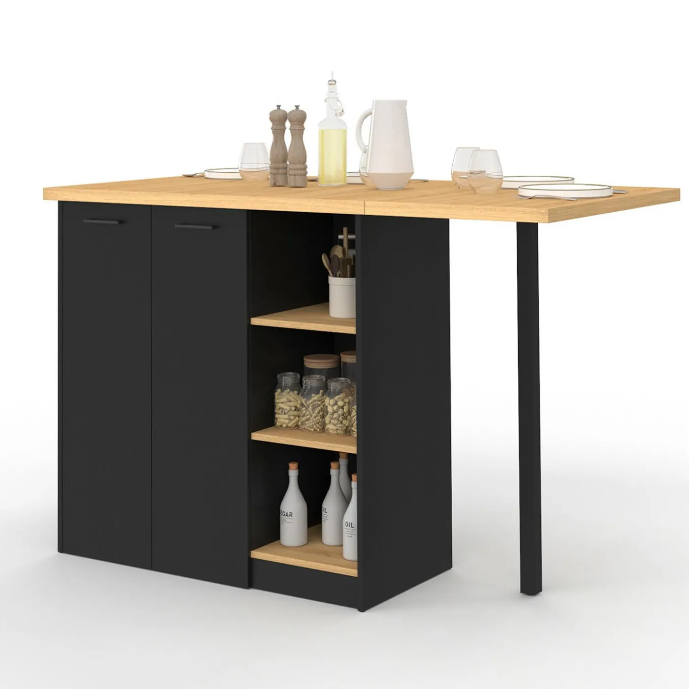 Ilot central 140 cm bois noir avec plan de travail façon hêtre