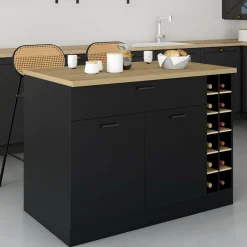 Ilot central avec range-bouteilles placard et tiroir bois noir avec plan de travail façon hêtre