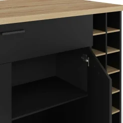 Ilot central avec range-bouteilles placard et tiroir bois noir avec plan de travail façon hêtre
