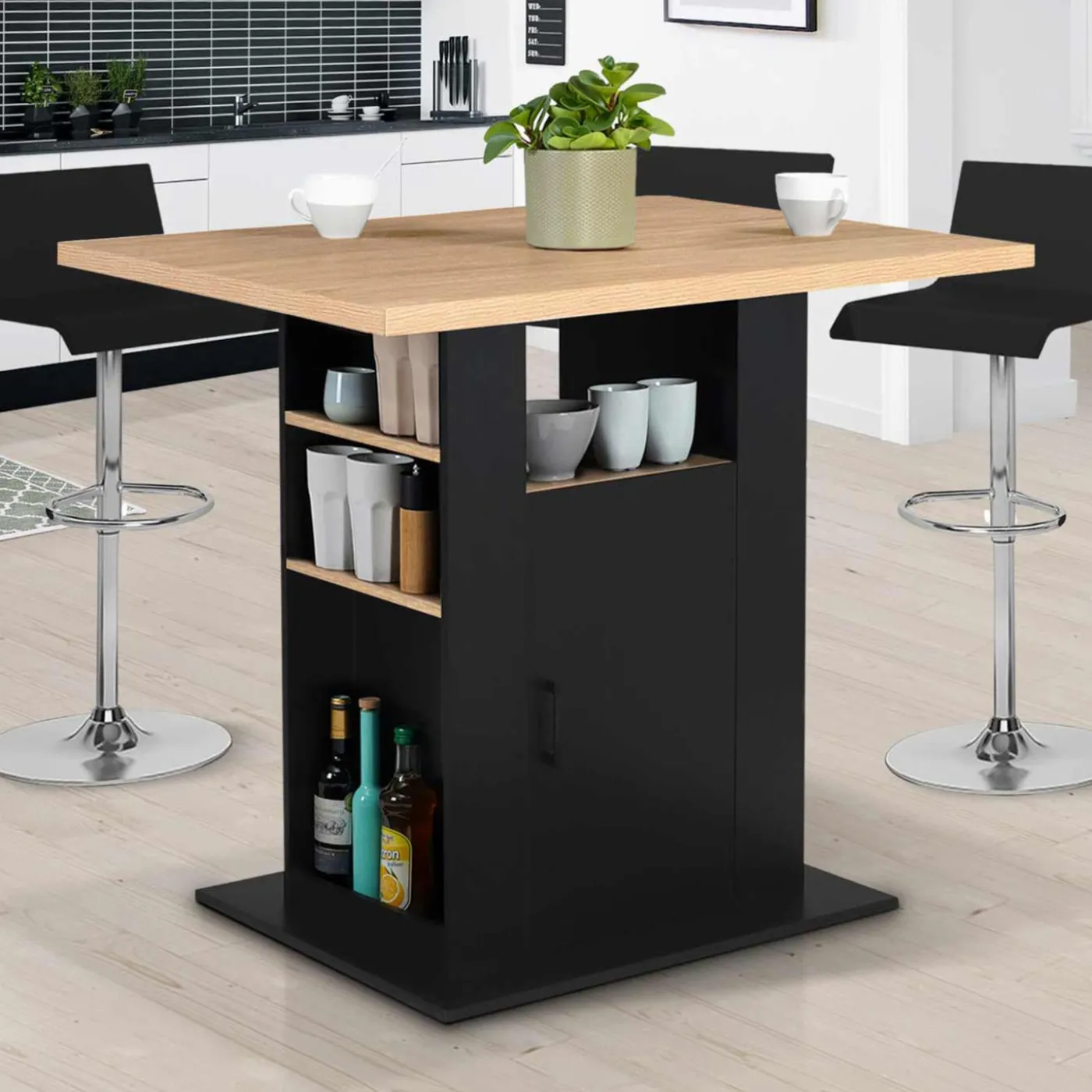Ilot central avec rangements bois noir et imitation hêtre 110 cm