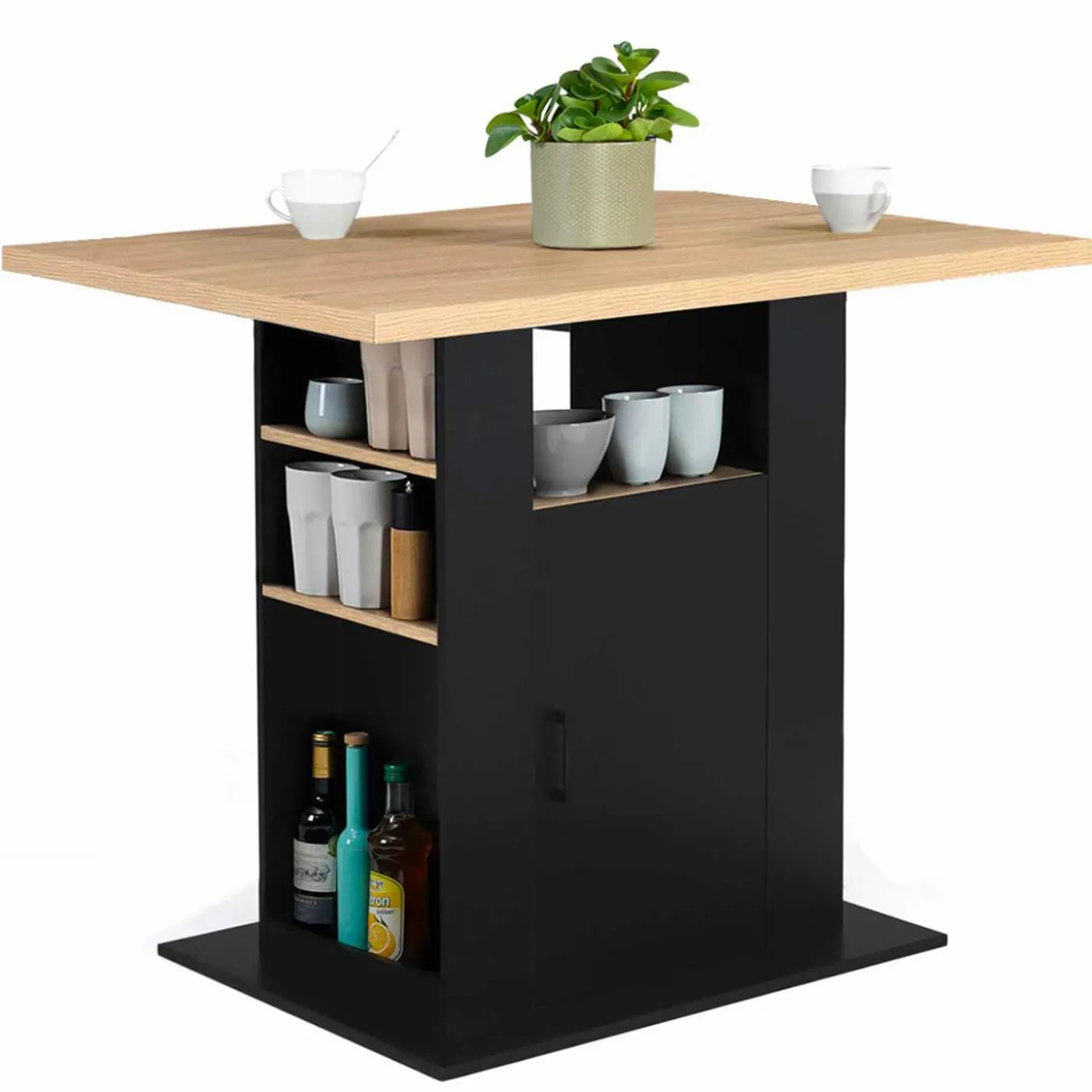 Ilot central avec rangements bois noir et imitation hêtre 110 cm