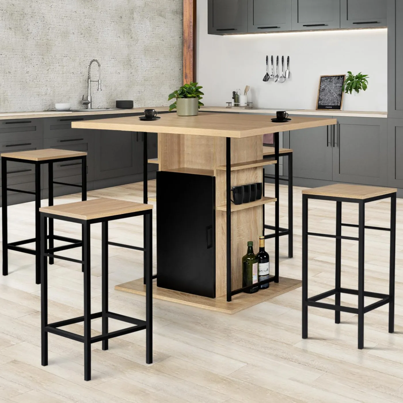 Ilot central avec tabourets bois noir et imitation hêtre 110 cm design industriel