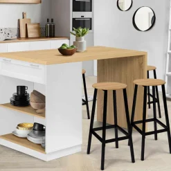 Ilot central blanc et bois 130 cm pour 4 personnes