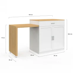 Ilot central bois blanc avec table à manger extensible