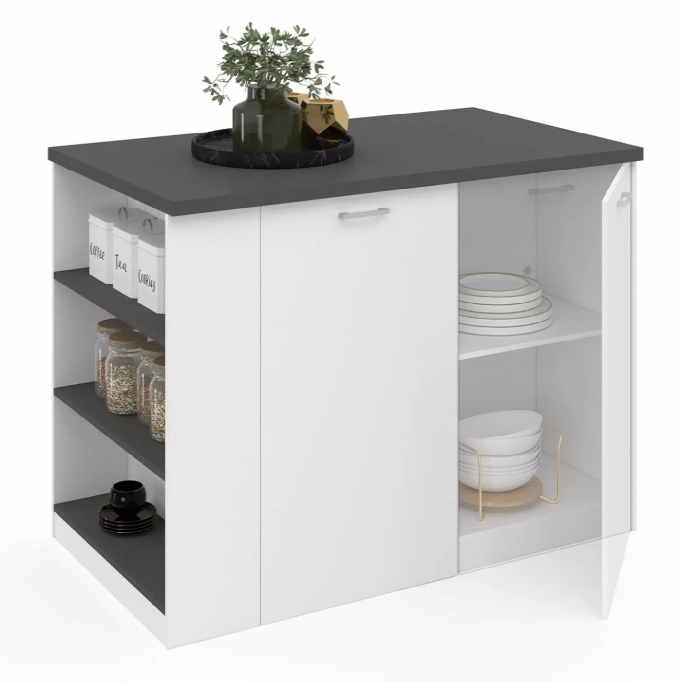 Ilot central bois blanc plan de travail gris anthracite