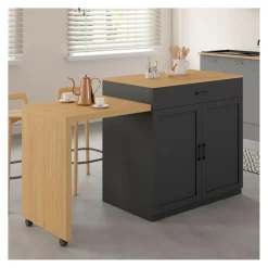 Ilot central bois et noir avec table à manger extensible