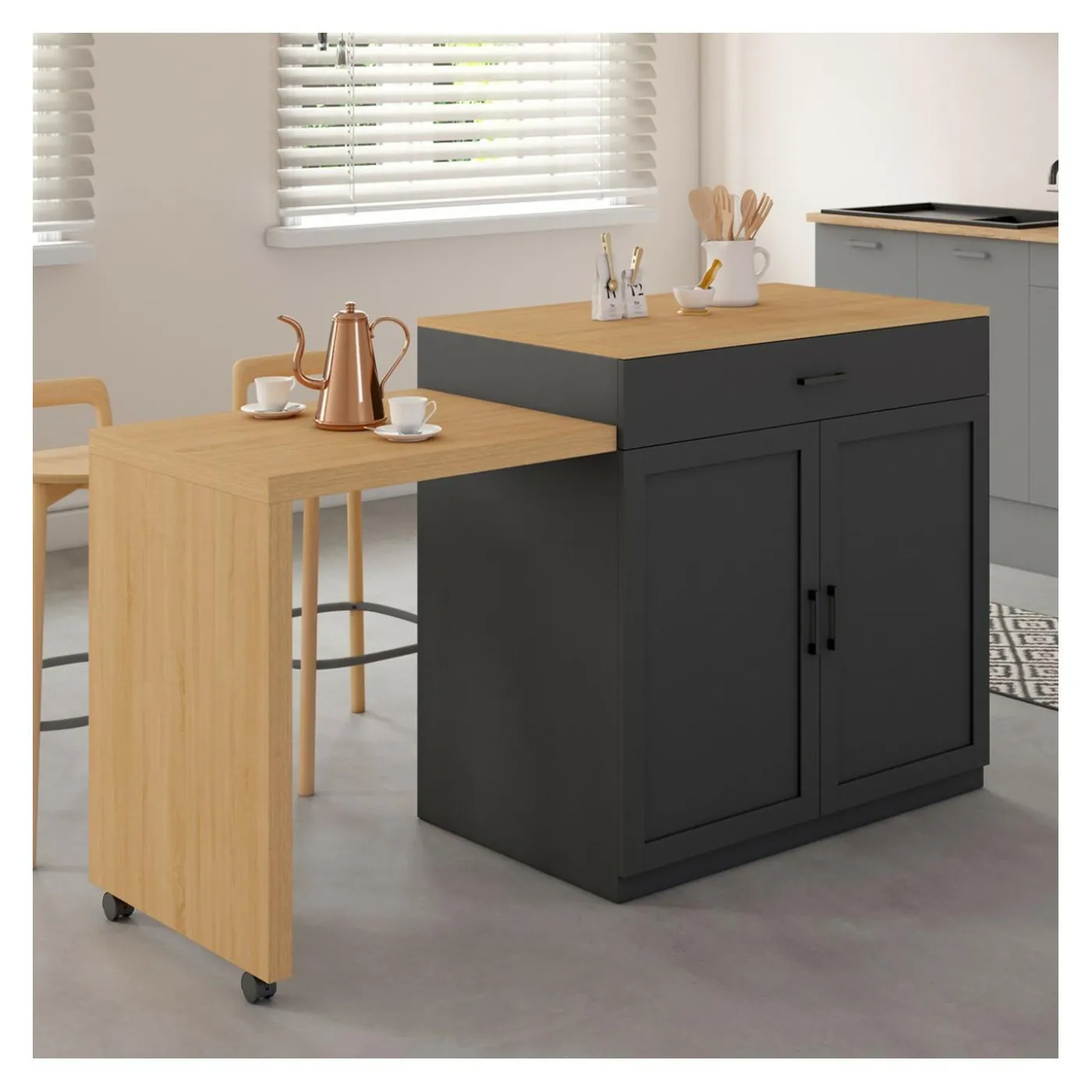 Ilot central bois et noir avec table à manger extensible