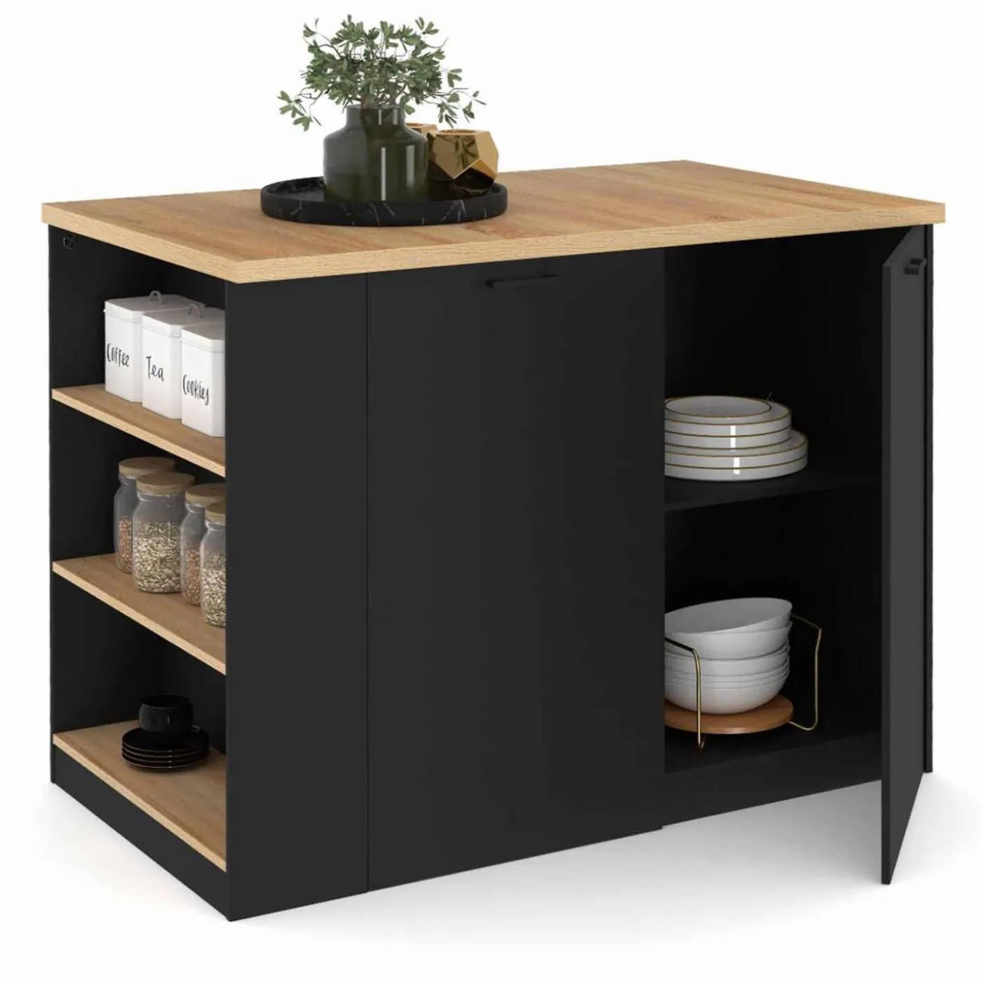 Ilot central bois noir avec plan de travail façon hêtre 120 cm