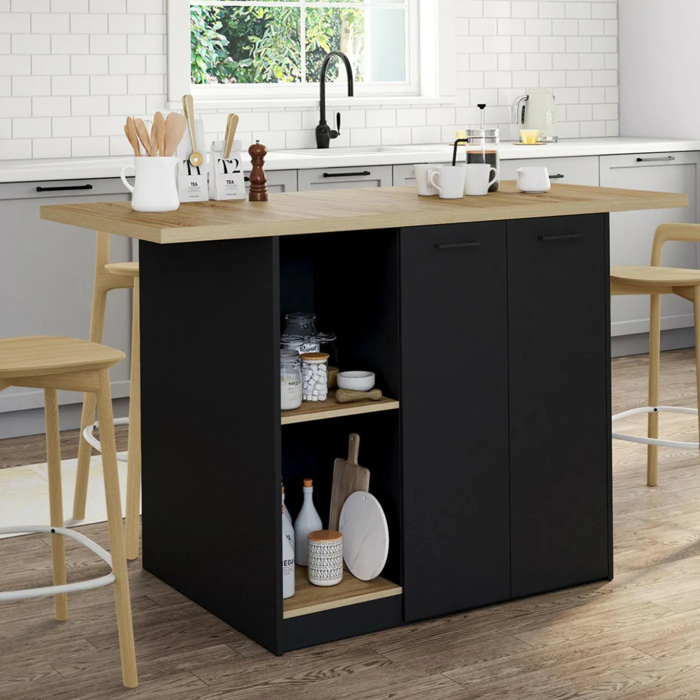 Ilot central bois noir avec plan de travail façon hêtre 140 cm 4 personnes avec rangement