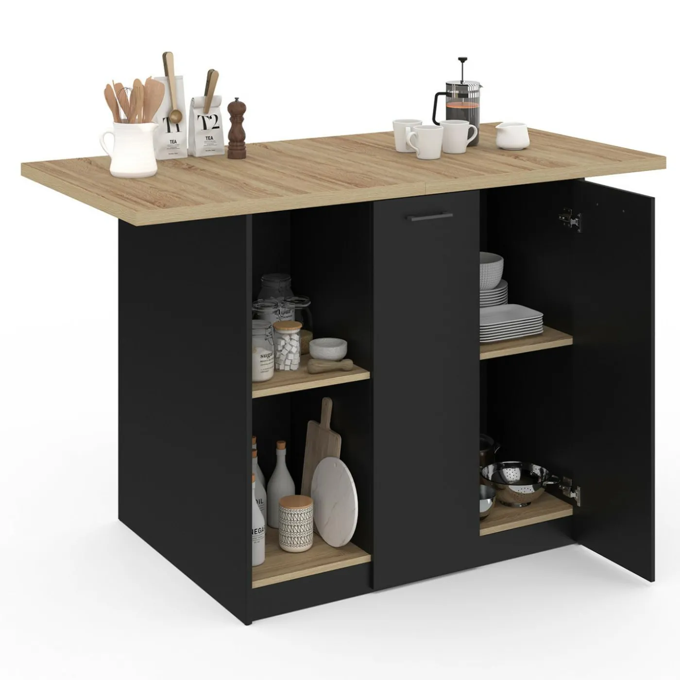 Ilot central bois noir avec plan de travail façon hêtre 140 cm 4 personnes avec rangement