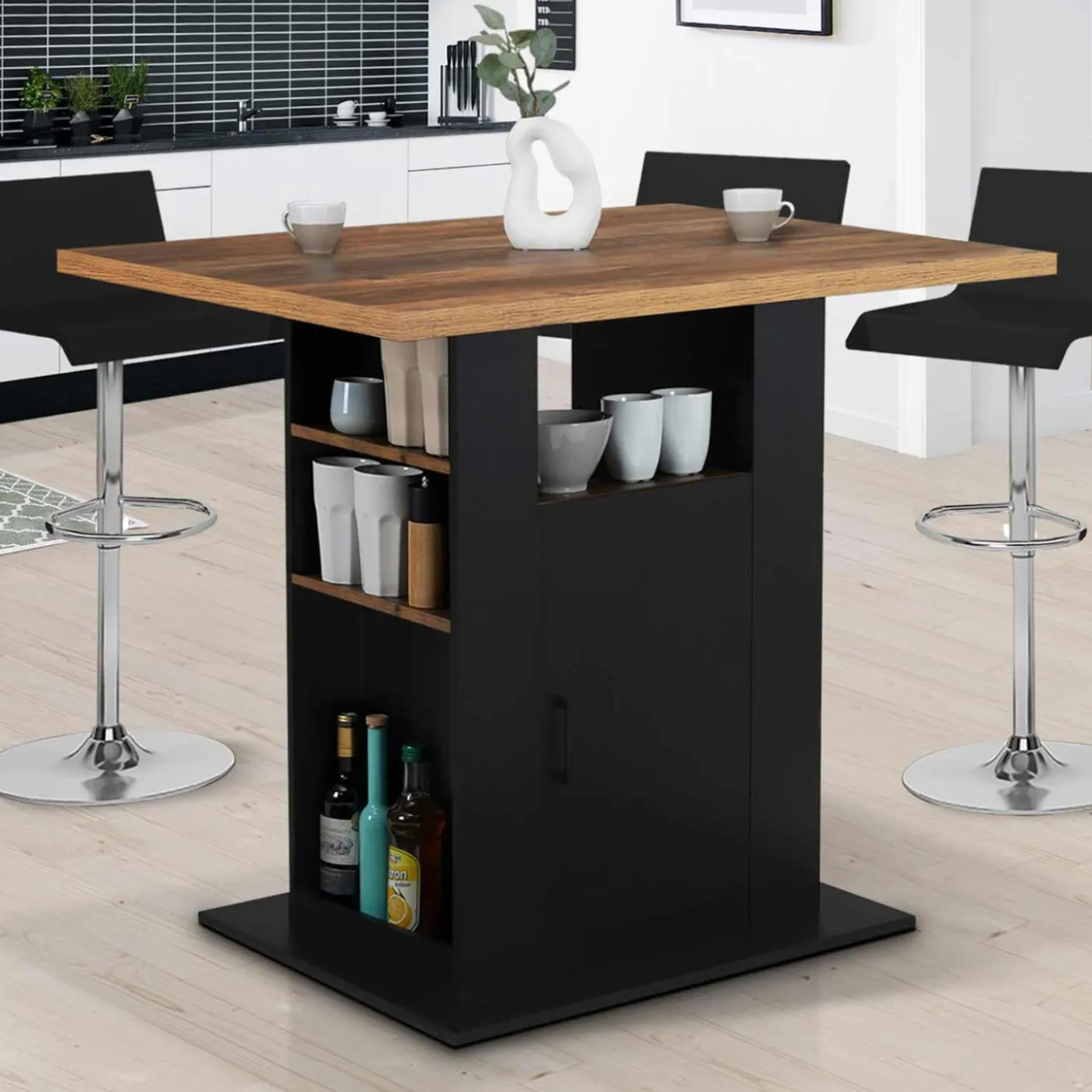 Ilot central bois noir et effet bois foncé 110 cm avec rangements