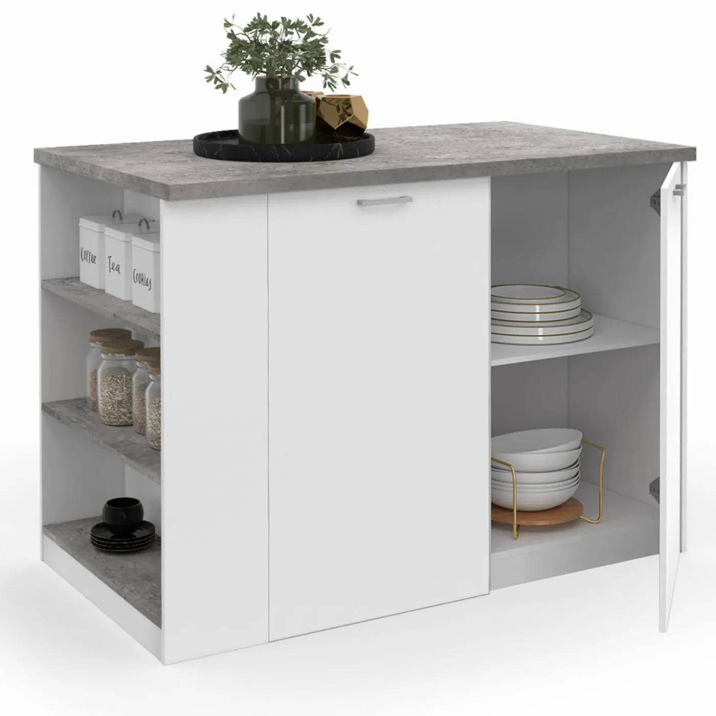 Ilot central de cuisine bois blanc et effet béton