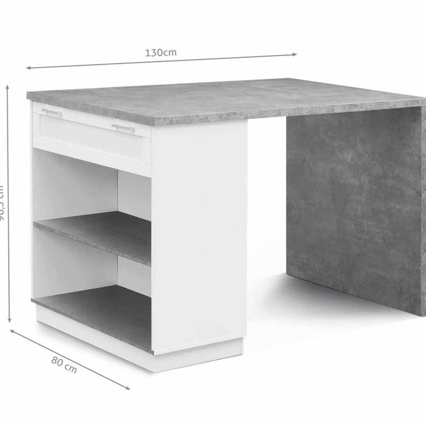 Ilot central effet béton et blanc 130 cm pour 4 personnes