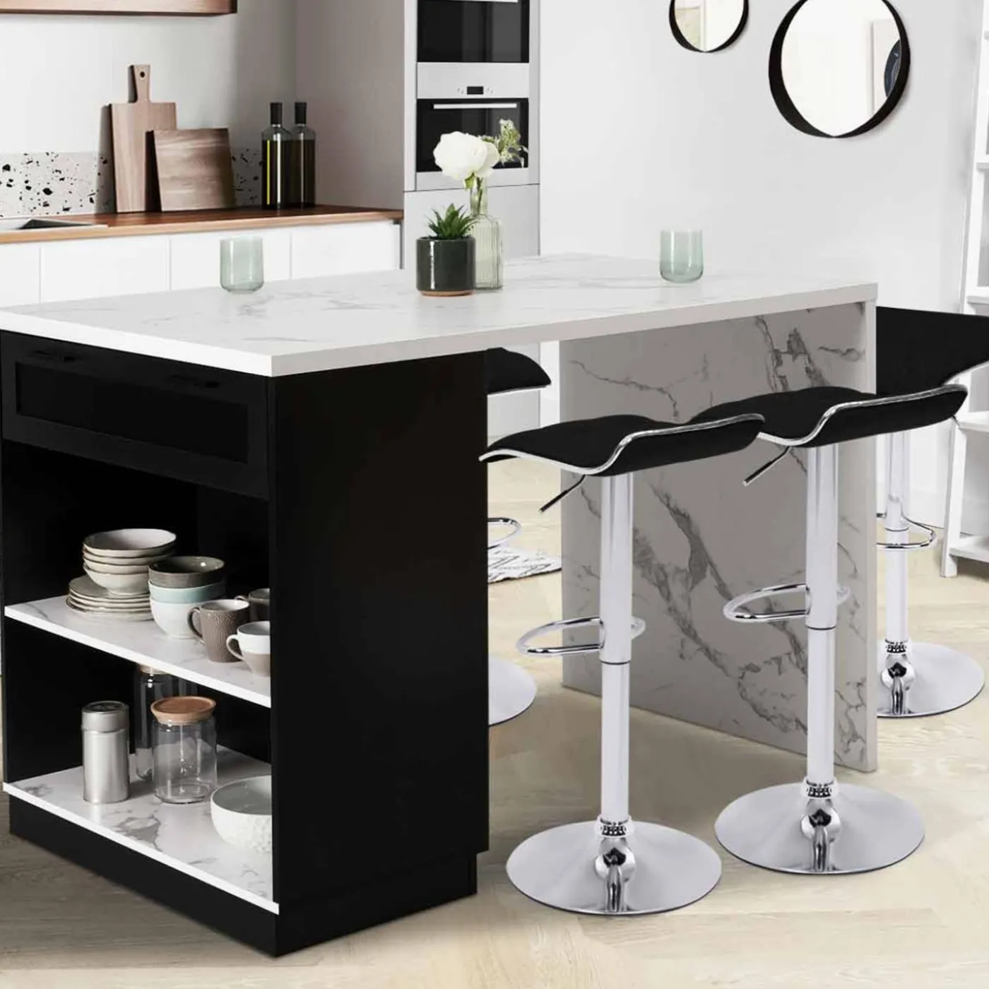Ilot central effet marbre et noir 130 cm pour 4 personnes