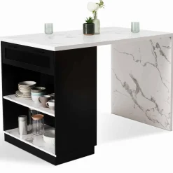 Ilot central effet marbre et noir 130 cm pour 4 personnes
