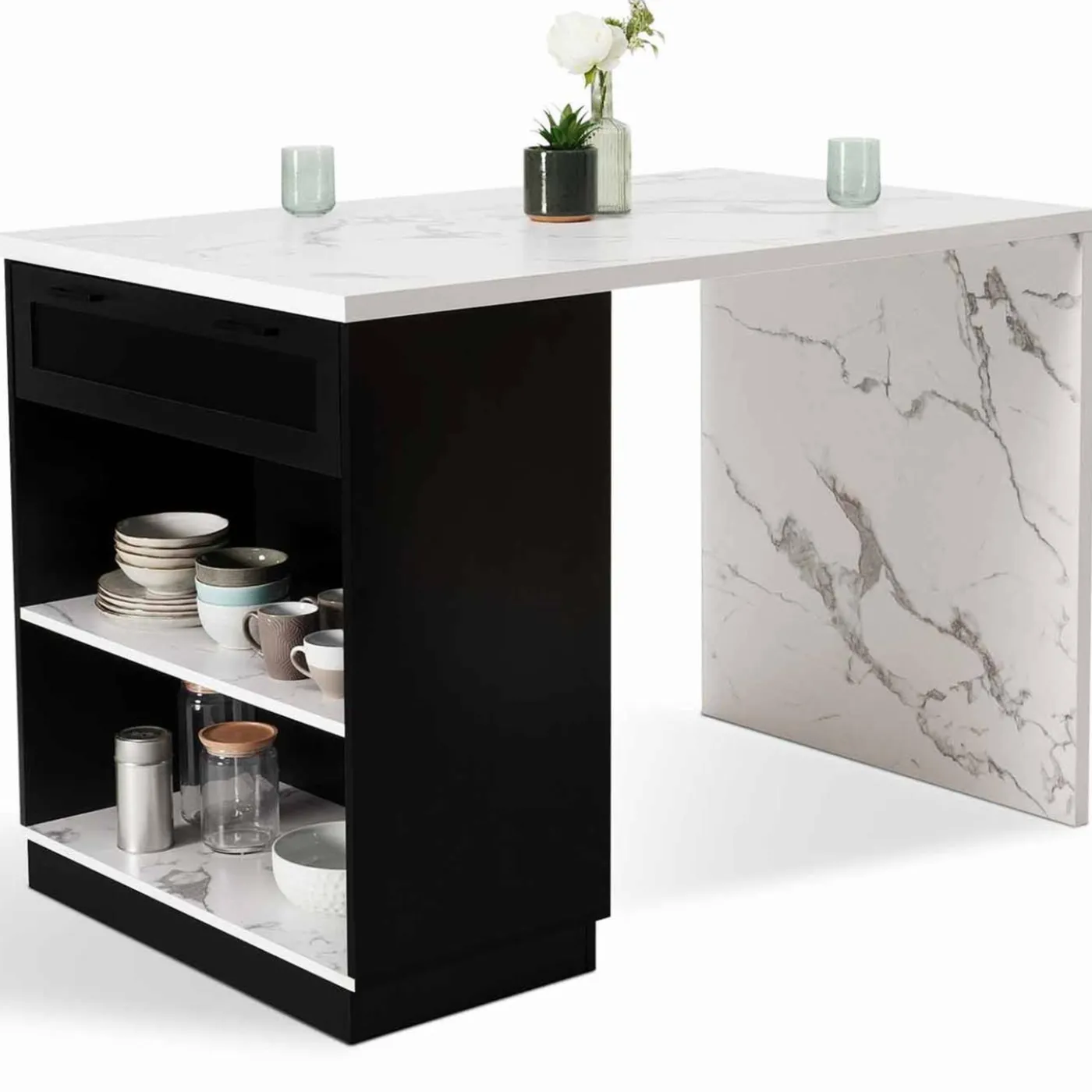 Ilot central effet marbre et noir 130 cm pour 4 personnes
