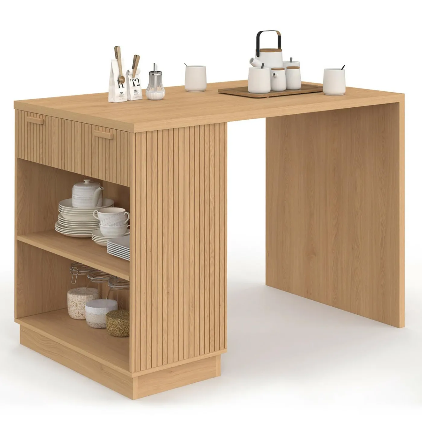 Ilot central mange-debout 4 personnes 130 cm lattes tasseau bois coloris chêne