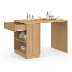 Ilot central mange-debout 4 personnes 130 cm lattes tasseau bois coloris chêne