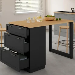 Ilot central mange-debout 4 personnes 130 cm casserolier 3 tiroirs noir et plateau bois