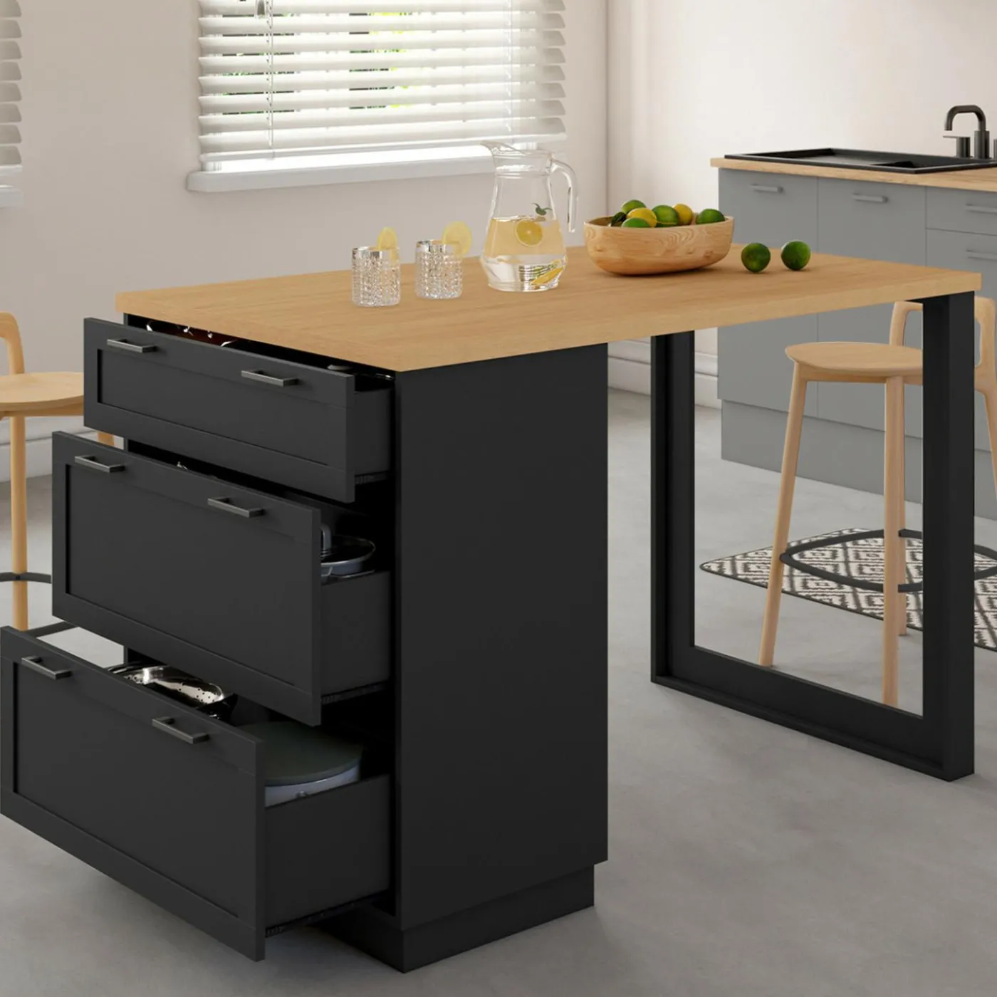 Ilot central mange-debout 4 personnes 130 cm casserolier 3 tiroirs noir et plateau bois
