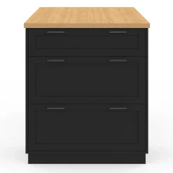 Ilot central mange-debout 4 personnes 130 cm casserolier 3 tiroirs noir et plateau bois