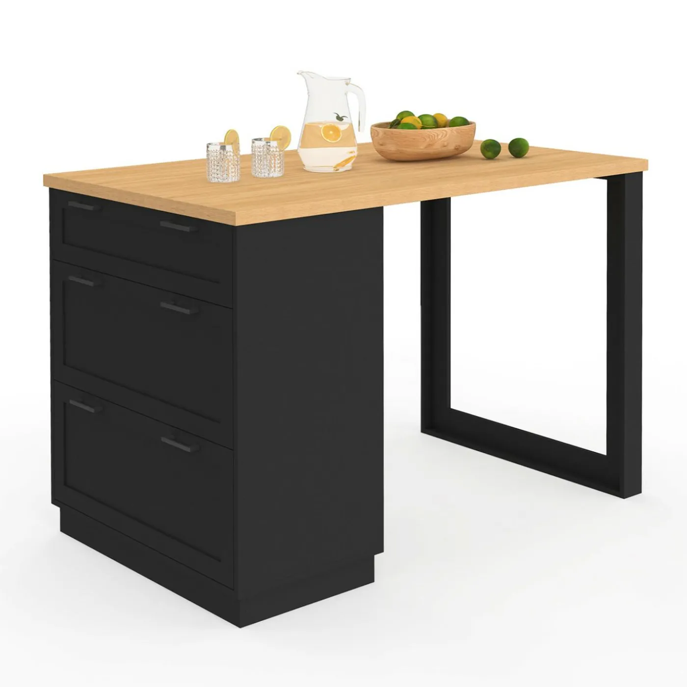 Ilot central mange-debout 4 personnes 130 cm casserolier 3 tiroirs noir et plateau bois