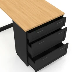 Ilot central mange-debout 4 personnes 130 cm casserolier 3 tiroirs noir et plateau bois