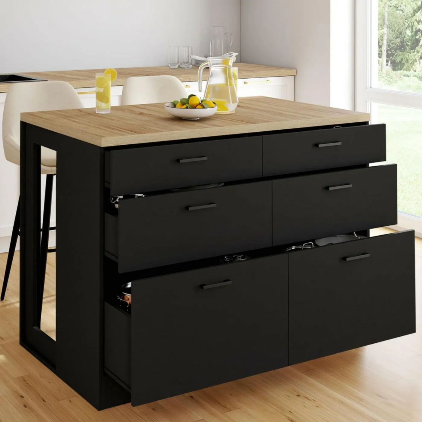 Ilot central mange-debout 120 cm casserolier 6 tiroirs noir et plateau bois