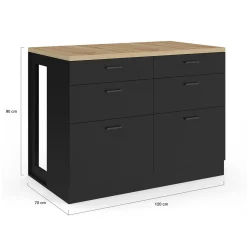 Ilot central mange-debout 120 cm casserolier 6 tiroirs noir et plateau bois