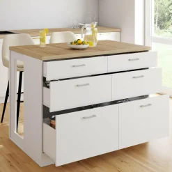 Ilot central mange-debout 120 cm casserolier 6 tiroirs blanc et plateau bois