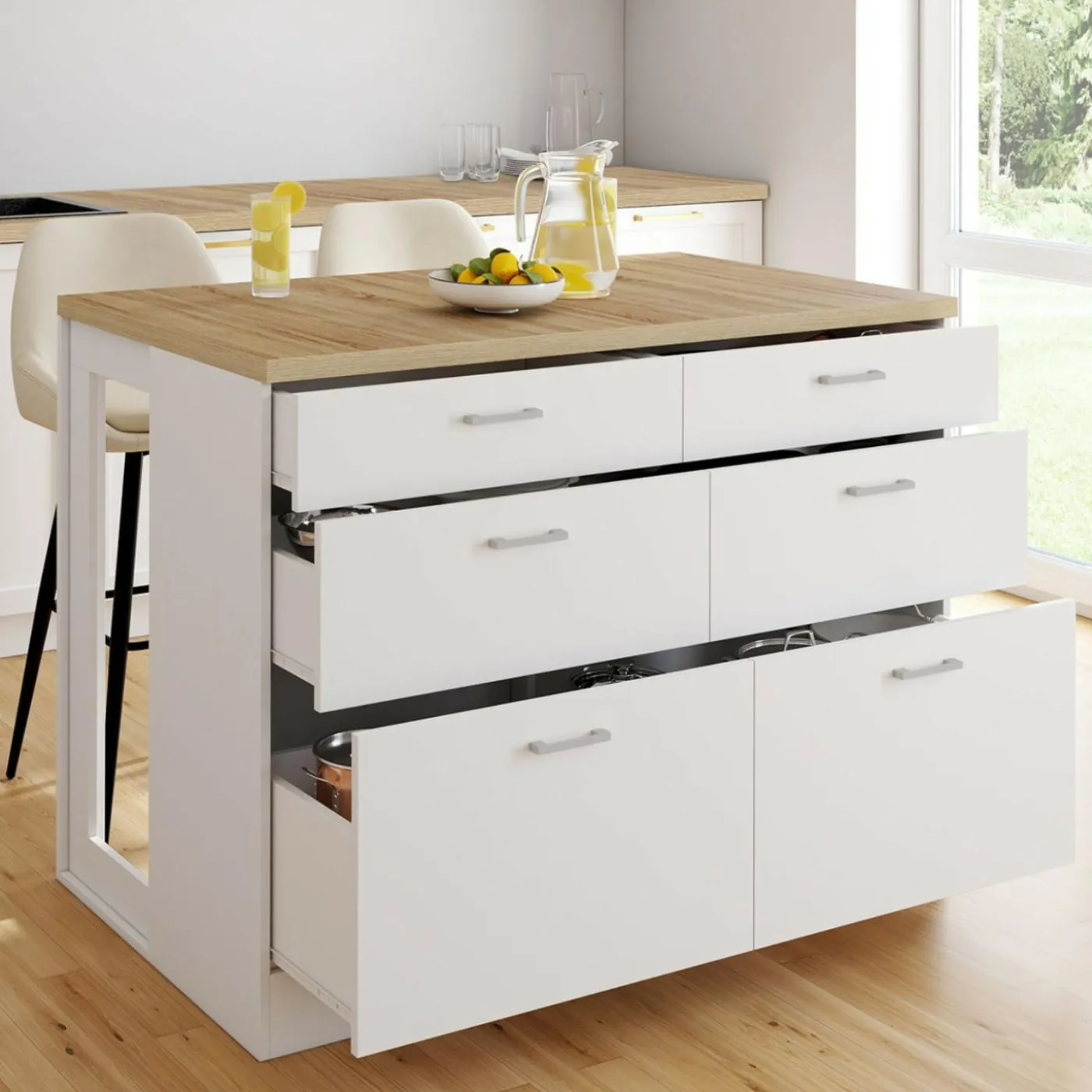 Ilot central mange-debout 120 cm casserolier 6 tiroirs blanc et plateau bois
