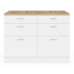 Ilot central mange-debout 120 cm casserolier 6 tiroirs blanc et plateau bois