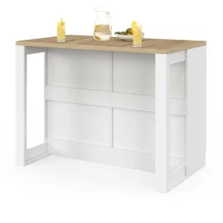 Ilot central mange-debout 120 cm casserolier 6 tiroirs blanc et plateau bois